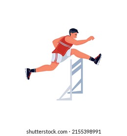 Vector flat cartoon man character runs,jumping over barrier isolated on empty background.Young athlete doing sports,hurdling-healthy lifestyle,professional sport concept,web site banner ad design