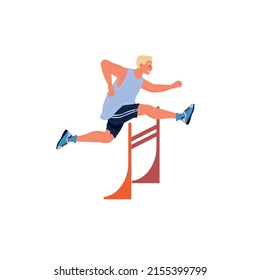 Vector flat cartoon man character runs,jumping over barrier isolated on empty background.Young athlete doing sports,hurdling-healthy lifestyle,professional sport concept,web site banner ad design