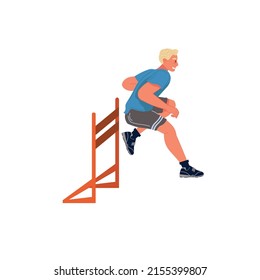 Vector flat cartoon man character runs,jumping over barrier isolated on empty background.Young athlete doing sports,hurdling-healthy lifestyle,professional sport concept,web site banner ad design