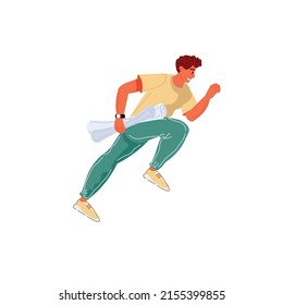 Vector flat cartoon man character runs isolated on empty background.Stylish young athlete doing sports,running-life scene,healthy sporty lifestyle social concept,web site banner ad design