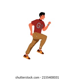 Vector flat cartoon man character runs isolated on empty background.Stylish young athlete doing sports,running-life scene,healthy sporty lifestyle social concept,web site banner ad design