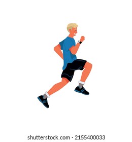 Vector flat cartoon man character runs isolated on empty background.Stylish young athlete doing sports,running-life scene,healthy sporty lifestyle social concept,web site banner ad design