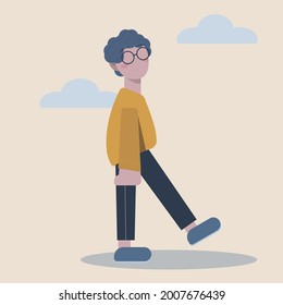 Caricatura vectorial plana hombre con vidrio y nubes de fondo beige. 