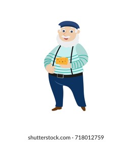 vector flat cartoon man with grey mustache and beard holding cheese wearing felt beret, pants on suspenders. French parisian style male portrait full length. Isolated illustration ona white background