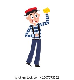 vector flat cartoon man holding cheese wearing long sleeve striped tshirt felt beret, pants on suspenders. French parisian style male portrait full length. Isolated illustration ona white background