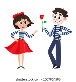 vector flat cartoon man mime clown in blue and white striped pullover, beret giving rpse to parisian woman in long skirt, red beret. France culture concept Isolated illustration on a white background.