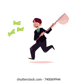 vector flat cartoon man running for money holding butterfly net. Male Clerk, office worker chasing, trying to catch for dollar note. Isolated illustration on a white background.