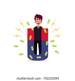 vector flat cartoon man standing with large magnet. Male Clerk, office worker trying to attract dollar notes. Isolated illustration on a white background.