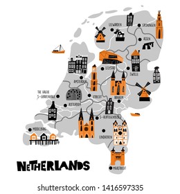 Vector flat cartoon map of Netherlands. Illustration of different attractions. Isolated on white background.