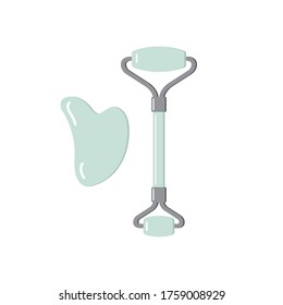 Vector flat cartoon mint green stone face massage Roller and Gua Sha Set isolated on white background