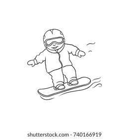 vector flat cartoon monochrome teen boy kid having fun riding snowboard in winter outdoor clothing and protection goggles. Isolated illustration on a white background for coloring book design