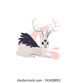 vector flat cartoon mythical animal - fairy fictional hare with wings, three eyes and deer horns . Isolated illustration on a white background.