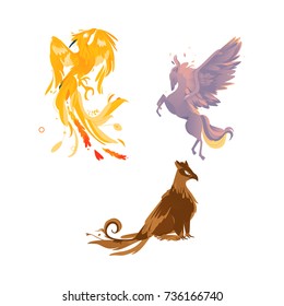 vector flat cartoon mythical animals set. Rearing pegasus fairy fictional horse with eagle wings with rich plumage, feathering, phoenix and griffin. Isolated illustration on a white background.