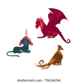 vector flat cartoon mythical animals set. Three head dog cerberus, griffin fairy fictional creature with eagle wings, feathering and red dragon. Isolated illustration on a white background.