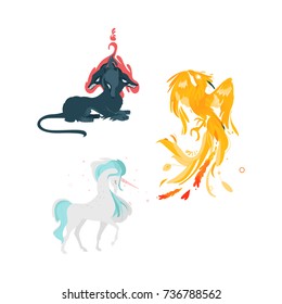 vector flat cartoon mythical animals set. Elegant unicorn fairy fictional horse with horn, phoenix and cerberus dog with three heads. Isolated illustration on a white background.