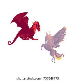 vector flat cartoon mythical animals set. Rearing pegasus fairy fictional horse with eagle wings with rich plumage, feathering and red dragon. Isolated illustration on a white background.