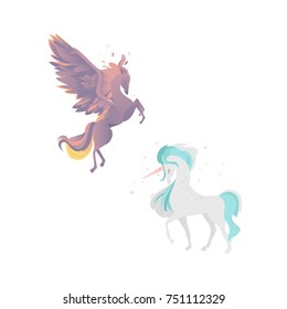 vector flat cartoon mythical animals set. Rearing pegasus fairy fictional horse with eagle wings with rich plumage, feathering and elegant unicorn. Isolated illustration on a white background.