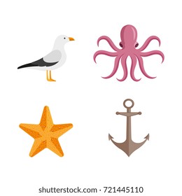 vector flat cartoon nautical, marine symbols set. Golden starfish, pink octopus poulpe, seagull, lighthouse and anchor. Isolated illustration on a white background.