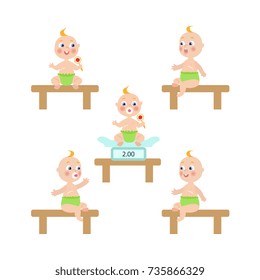 vector flat cartoon new born infant babies set. Kids sitting at weighter, at table with nipple in diaper holding rattle with different emotions. Isolated illustration on a white background