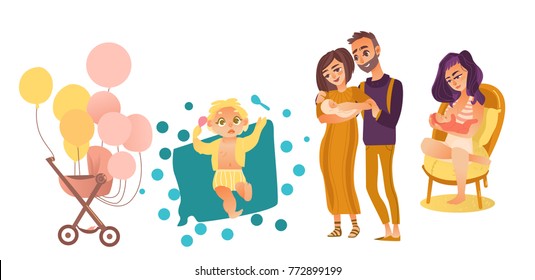 Conjunto de símbolos de bebé recién nacido de dibujos animados planos de Vector. Pareja con bebé, lactancia, madre lactante, cochecito con globos de aire y niños pequeños. Ilustración aislada sobre un fondo blanco.
