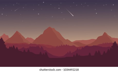 Vector flat cartoon night landscape with red and purple silhouettes of mountains, hills and forest and stars in the sky