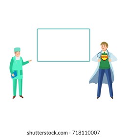 vector flat cartoon nurse with clipboard and adult super doctor in medical clothing smiling, empty poster set. Isolated illustration on a white background