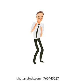 vector flat cartoon office worker man in formal corporate clothing with black necktie, male character dancing having fun at corporate party. Isolated illustration on a white background.