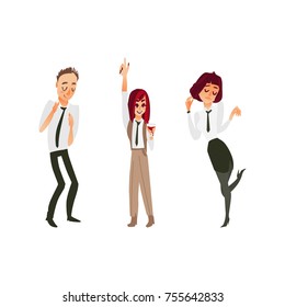 vector flat cartoon office workers man and girls in formal corporate clothing with black necktie, male, female characters dancing having fun at corporate party. Isolated illustration white background.