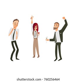 vector flat cartoon office workers men and girl in formal corporate clothing with black necktie, male, female characters dancing having fun at corporate party. Isolated illustration white background.