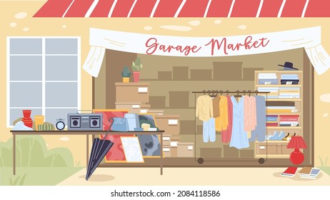 Vector flat cartoon outdoor garage market with various things,goods,electronics and clothes on shelves-fashion,shopping and sales social concept,web site banner ad design