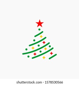 Vector flat cartoon outline Christmas tree fir spruce isolated on white background. christmas illustration background decoration tree. Abstract christmas tree icon design. - vector