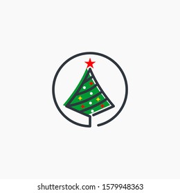 Vector flat cartoon outline Christmas tree fir spruce isolated on white background. christmas illustration background decoration tree. Abstract christmas tree icon design. - vector