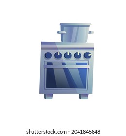 Vector flat cartoon pan on stove with oven isolated on empty background-modern home furniture,kitchen appliances interior elements concept,web site banner ad design