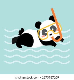 Vector flat cartoon panda swim with mask. Diving