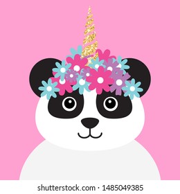 Vector flat cartoon panda with unicorn horn and flowers isolated on pink background