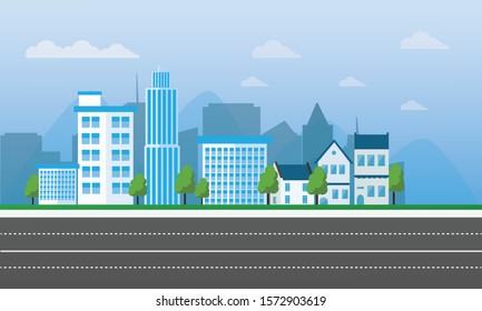 vector flat cartoon panorama - cityscape with different buildings