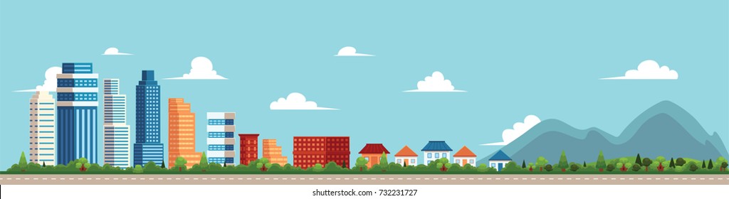 vector flat cartoon panorama - cityscape with different buildings - office center, then comes private houses, cottage with parks and mountines. Illustration on blue background