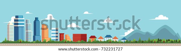 vector flat\
cartoon panorama - cityscape with different buildings - office\
center, then comes private houses, cottage with parks and\
mountines. Illustration on blue\
background