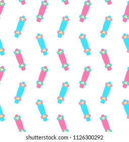 vector flat cartoon pastel summer pink penny plastic fish skateboard with yellow tracks and blue mint wheels seamless pattern