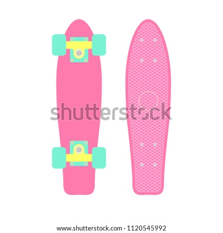 vector flat cartoon pastel summer pink penny plastic fish skateboard with yellow tracks and blue mint  wheels 