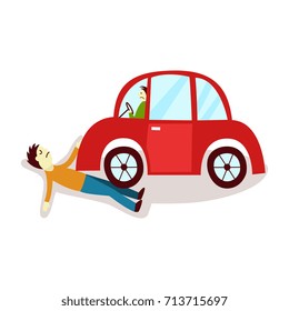 vector flat cartoon pedestrian accident, young man was hit by red car and human damaged lying on the ground. Isolated illustration on a white backgound. Road safety concept