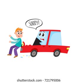 vector flat cartoon pedestrian accident, young man was hit by red car character saying sorry, hood dented and human damaged. Isolated illustration on a white backgound. Road safety concept
