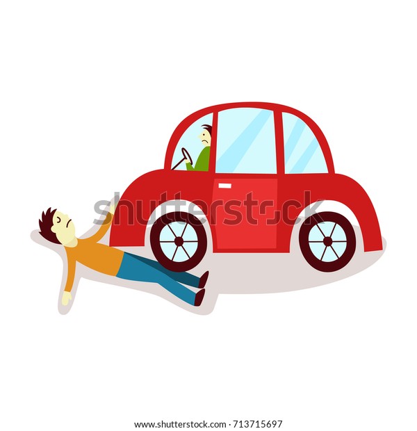 vector flat cartoon\
pedestrian accident, young man was hit by red car and human damaged\
lying on the ground. Isolated illustration on a white backgound.\
Road safety concept