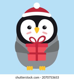 Vector flat cartoon penguin with Christmas present box isolated on blue background