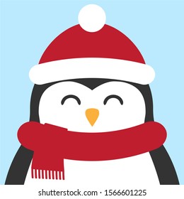 Vector flat cartoon penguin face in winter hat and scarf isolated on pastel blue background