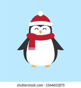 Vector flat cartoon penguin in hat and scarf isolated on pastel blue background