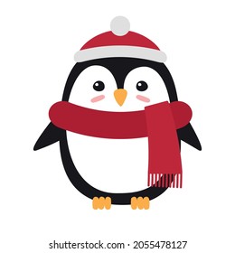 Pingüino de dibujos animados planos vectoriales en sombrero y bufanda aislados en fondo blanco