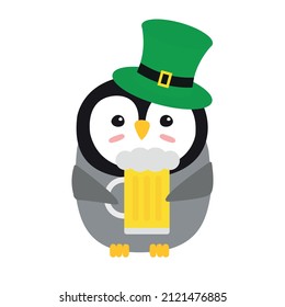 Vector flat cartoon penguin leprechaun isolated on white background