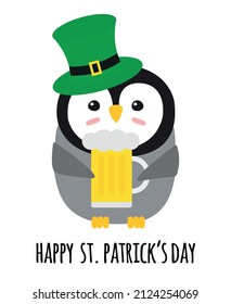 Vector flat cartoon penguin leprechaun and st patrick day text isolated on white background