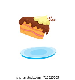 vector flat cartoon piece of sweet delicious cake with chocolate and cream at ceramic plate. Isolated illustration on a white background. Holiday, birthday food